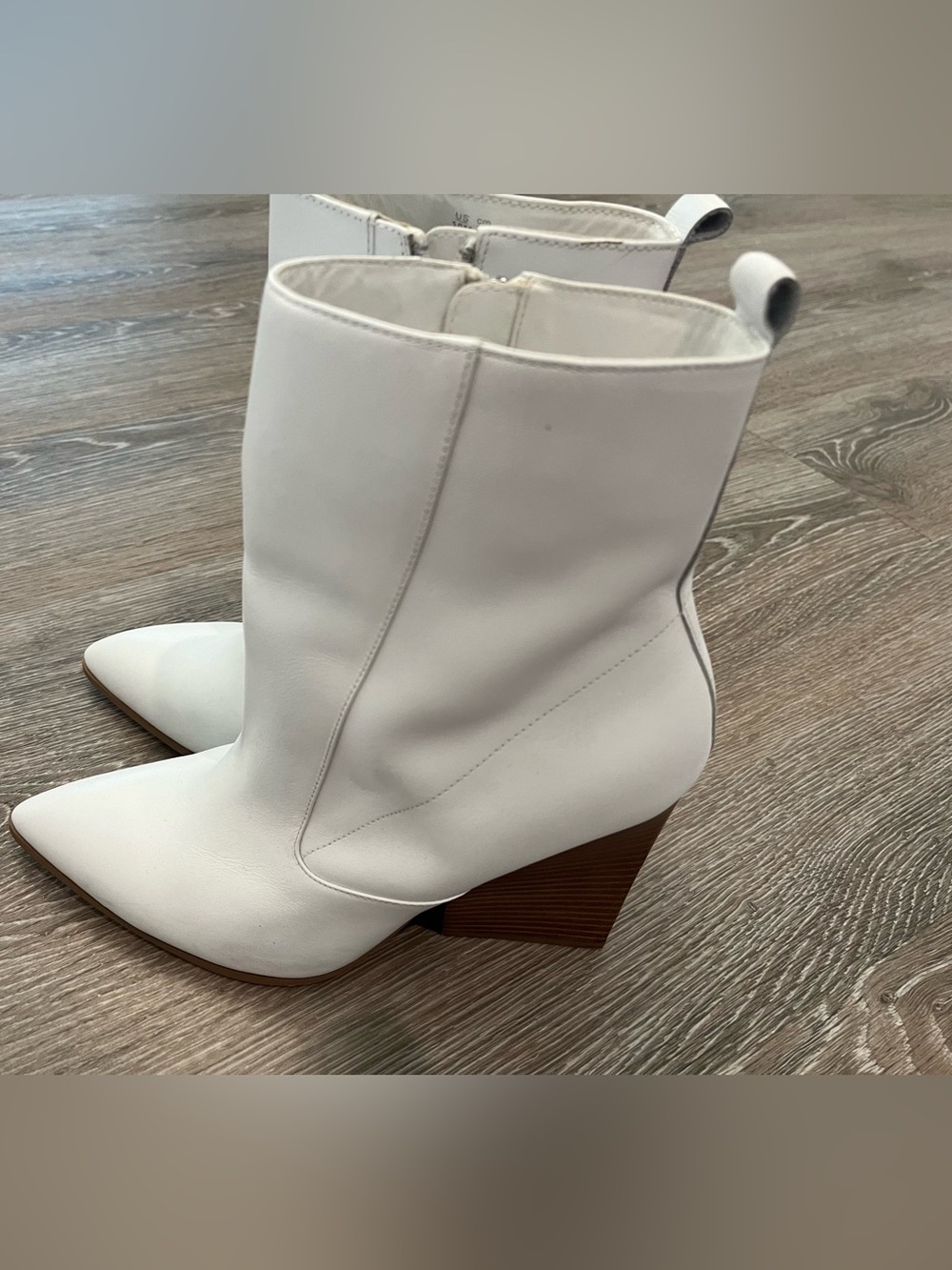 Pointed Toe White Mid-Calf Leather Boot with Stacked Block Heel